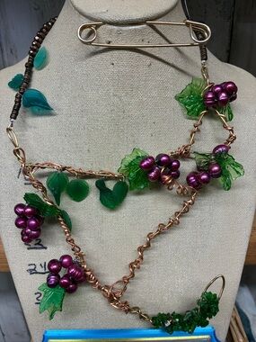 Vintage-Inspired Grape Vine Necklace with Green Leaves and Berry Clusters